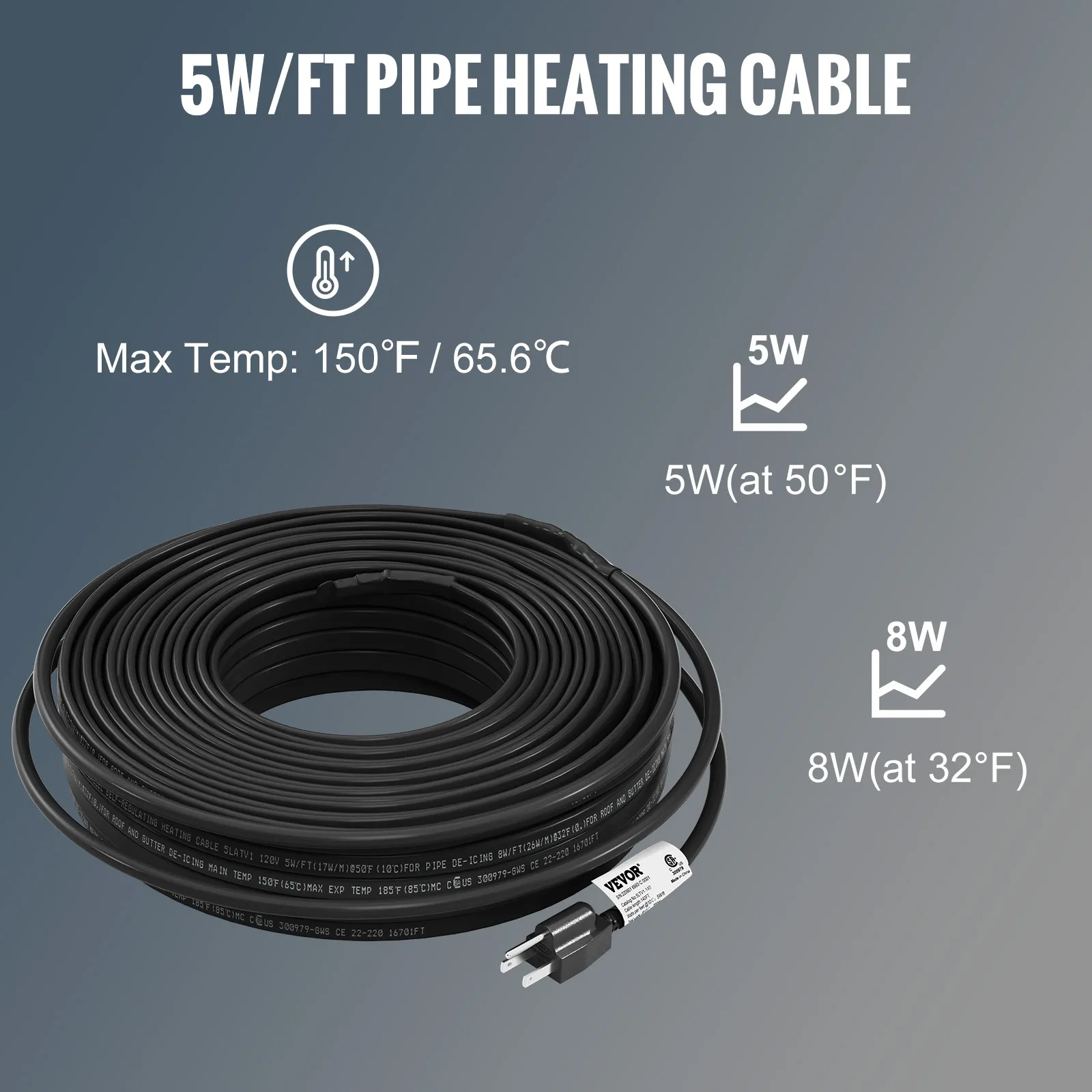 VEVOR pipe heating cable, 5w/ft, max temp 150°f/65.6°c, 5w at 50°f, 8w at 32°f, black coiled cable.