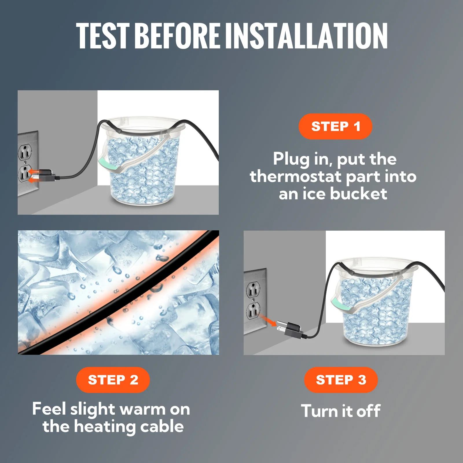 VEVOR pipe heating cable test steps: plug into an ice bucket, feel warmth, then turn off.