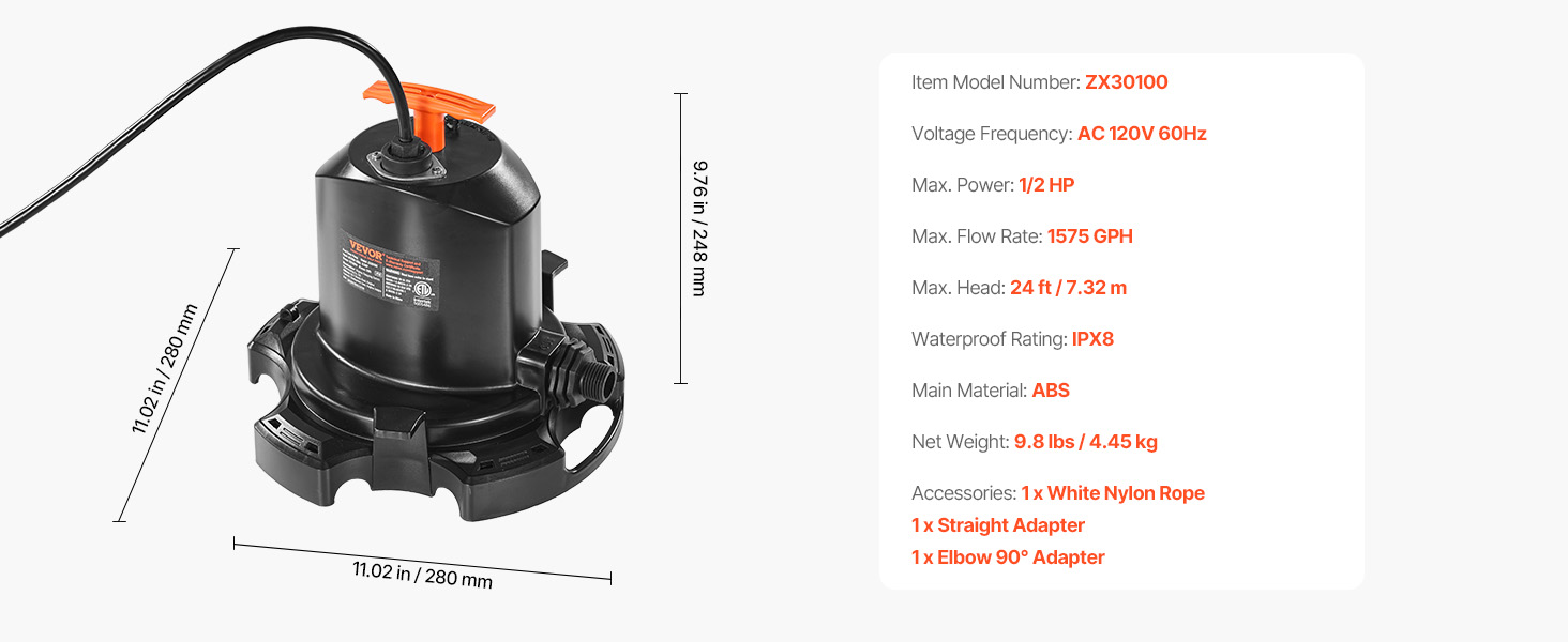 VEVOR Submersible Pool Cover Pump – 1/2 HP, 1575 GPH, 120V