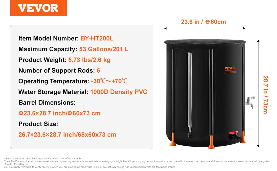 VEVOR collapsible rain barrel, 53 gallons, 1000d density pvc, 6 support rods, black with orange accents.