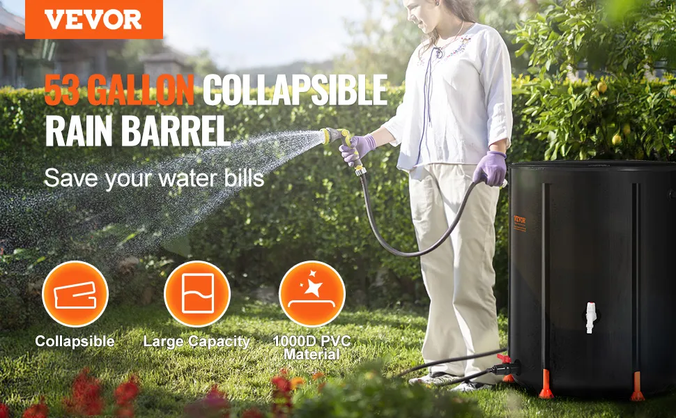 Cisterna per l'acqua piovana pieghevole VEVOR, 53 galloni, per irrigazione del giardino, risparmio idrico, grande capacità, PVC 1000d.