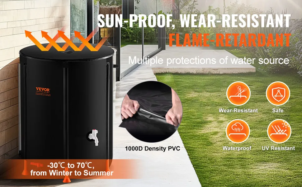 VEVOR collapsible rain barrel: sun-proof, wear-resistant, flame-retardant, waterproof, uv resistant.