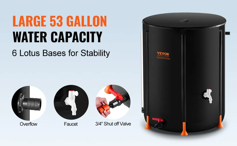 VEVOR collapsible rain barrel with 53-gallon capacity, overflow, faucet, shut-off valve, and stable bases.