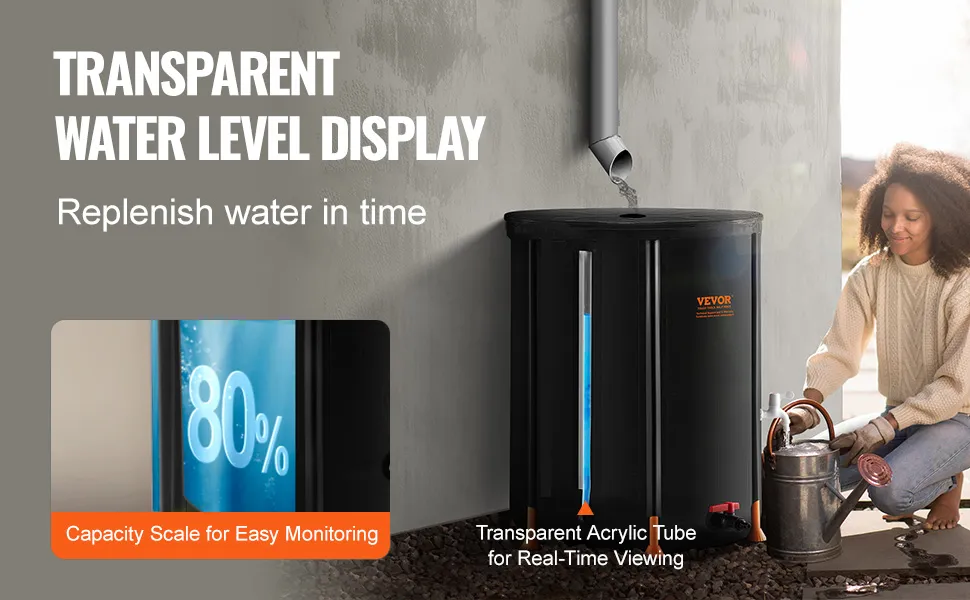 Cisterna per l'acqua piovana pieghevole VEVOR con indicatore trasparente del livello dell'acqua e scala di capacità per un facile monitoraggio.