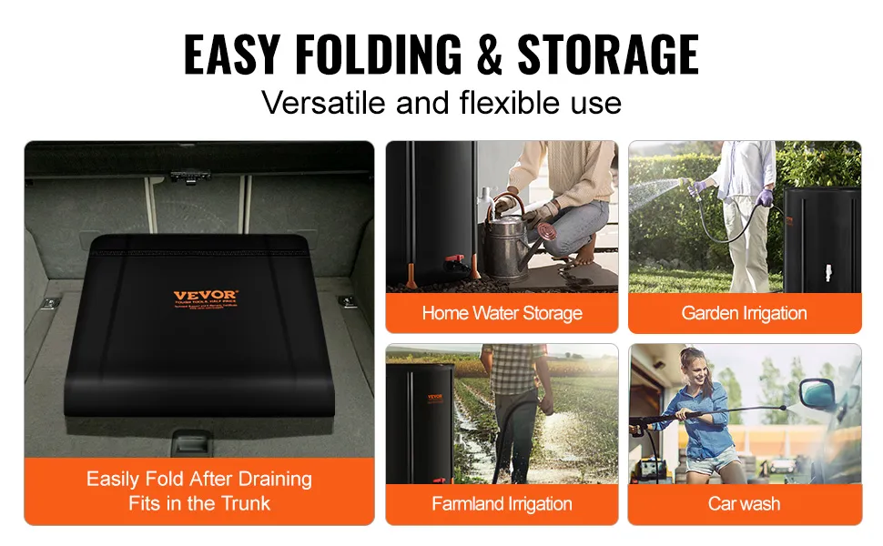 VEVOR collapsible rain barrel for home water storage, garden irrigation, farmland irrigation, and car wash.