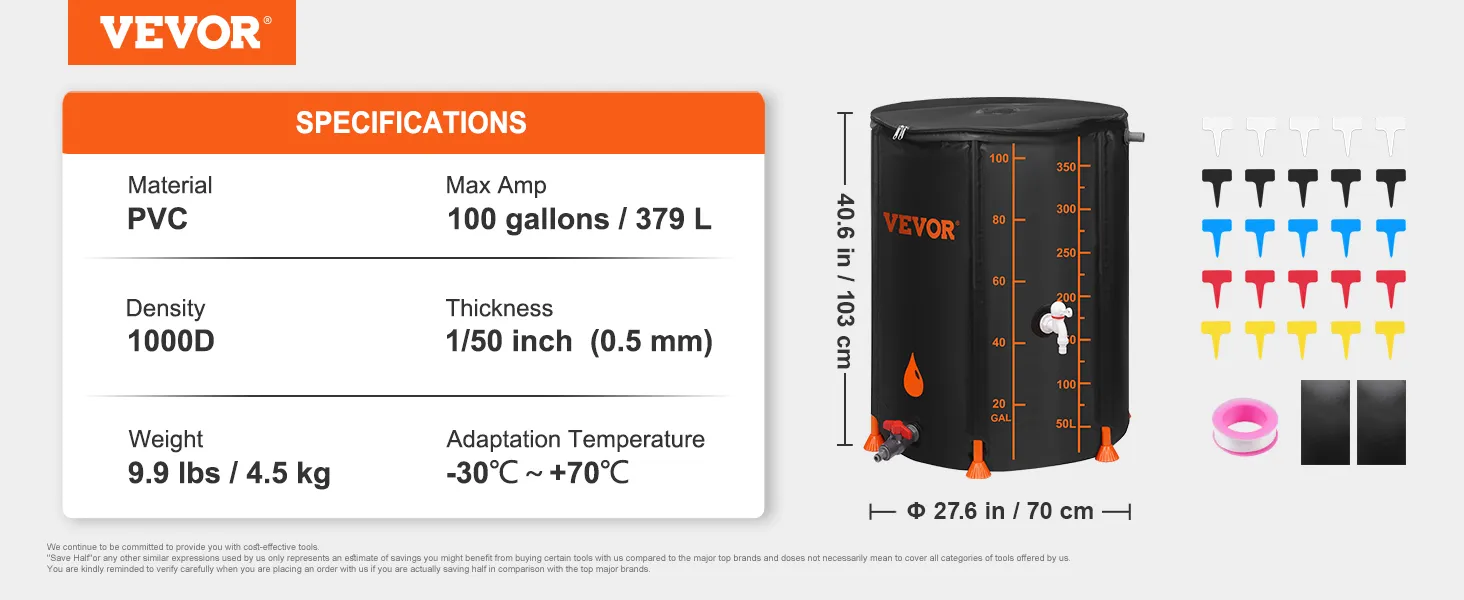 VEVOR rain barrel specifications: pvc material, 100 gallons, 1000d density, 103 cm height, 70 cm width.