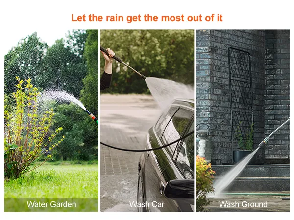 watering plants, washing a car, and cleaning pavement using VEVOR rain barrel collected water.
