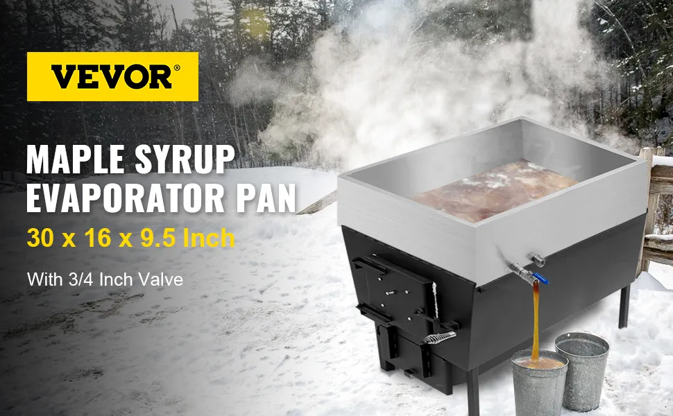 Bandeja evaporadora de jarabe de arce VEVOR en entorno exterior nevado, 30 x 16 x 9,5 pulgadas con válvula.