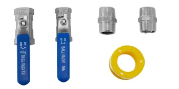 válvulas de bola, accesorios roscados y una junta amarilla para la bandeja del evaporador de jarabe de arce VEVOR.