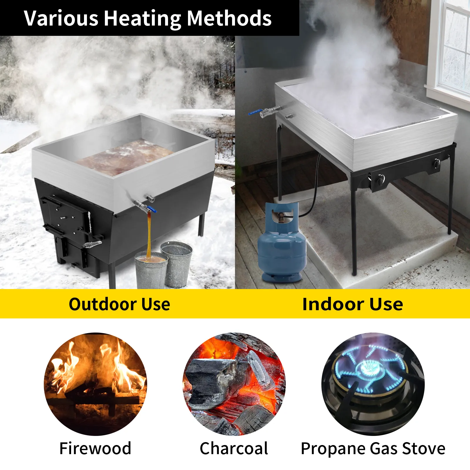 Bandeja evaporadora de jarabe de arce VEVOR para métodos de calefacción tanto interiores como exteriores.