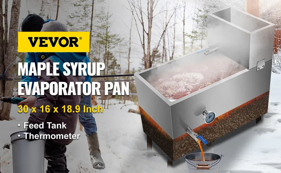 VEVOR maple syrup evaporator pan, 30x16x18.9, with feed tank and thermometer.