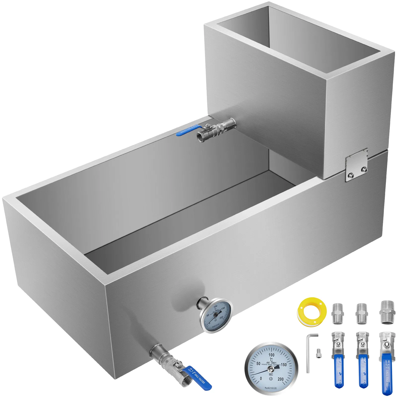 VEVOR maple syrup evaporator pan with thermometer, valves, and installation accessories.