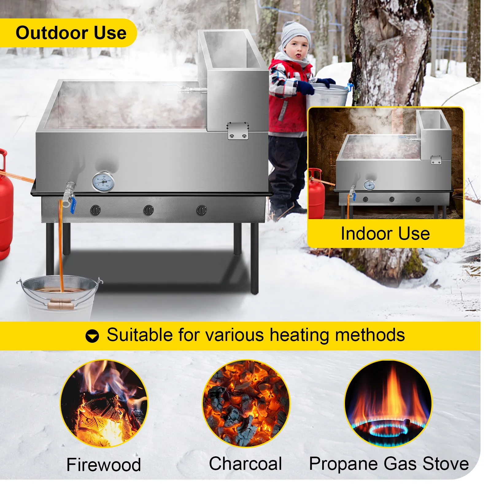VEVOR maple syrup evaporator pan for outdoor and indoor use with various heating methods.