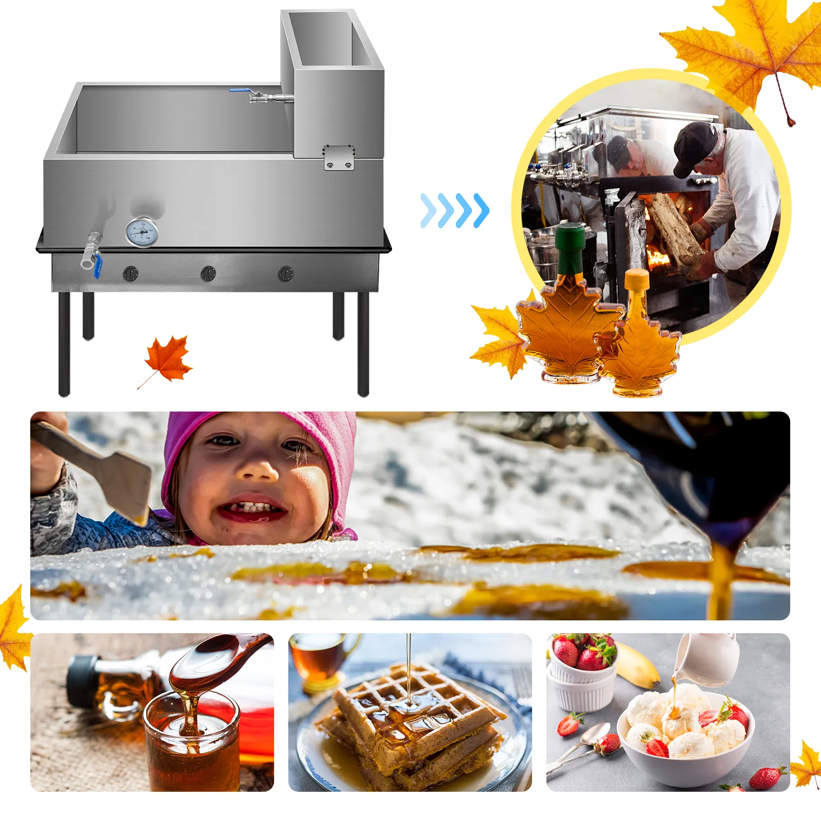 VEVOR maple syrup evaporator pan with maple syrup images and breakfast dishes.