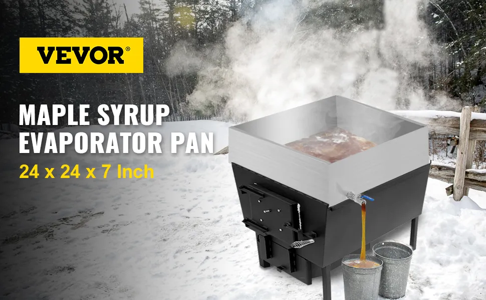 Evaporador de jarabe de arce VEVOR humeante en un entorno exterior nevado.