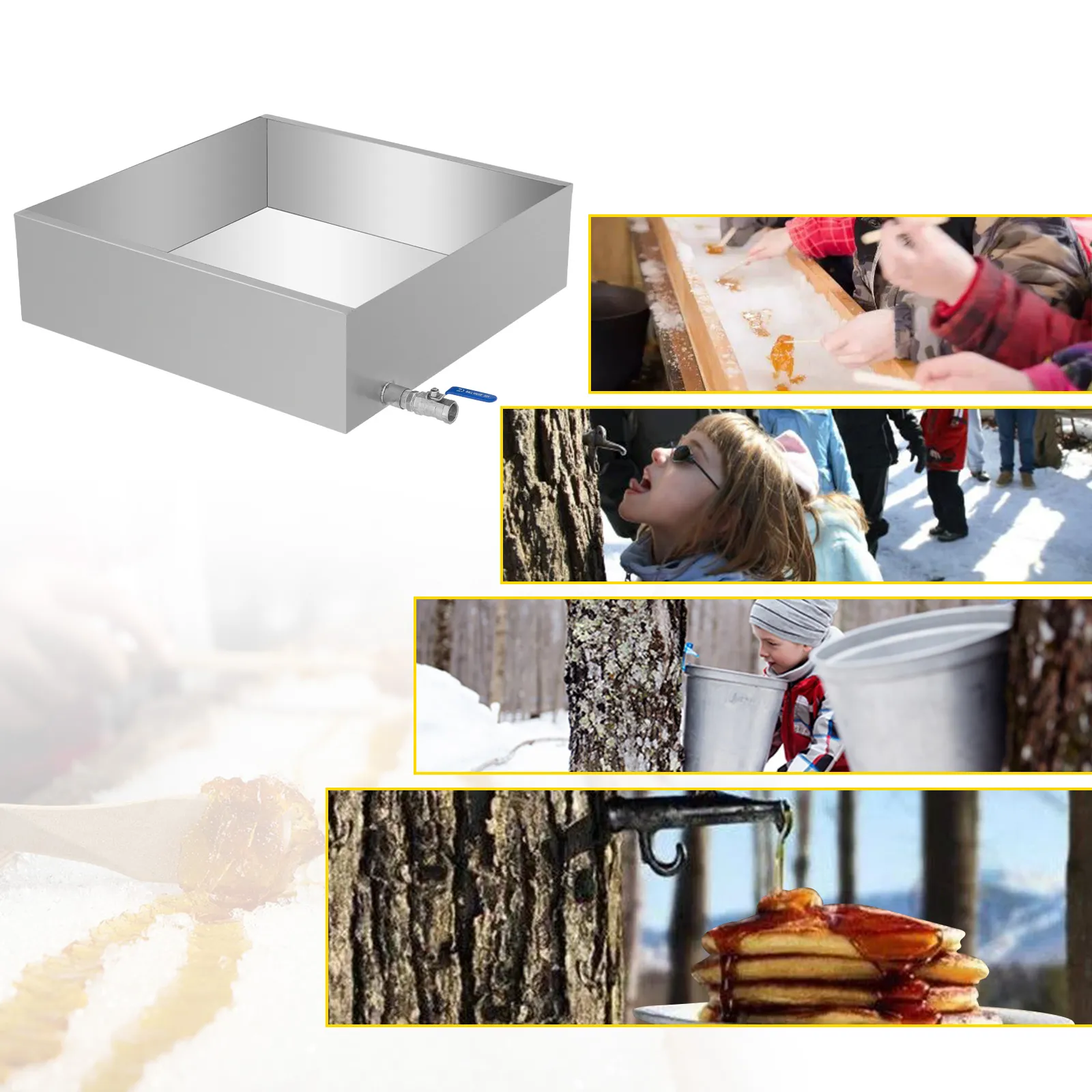Bandeja evaporadora de jarabe de arce VEVOR con producción de jarabe y panqueques en un paisaje invernal.
