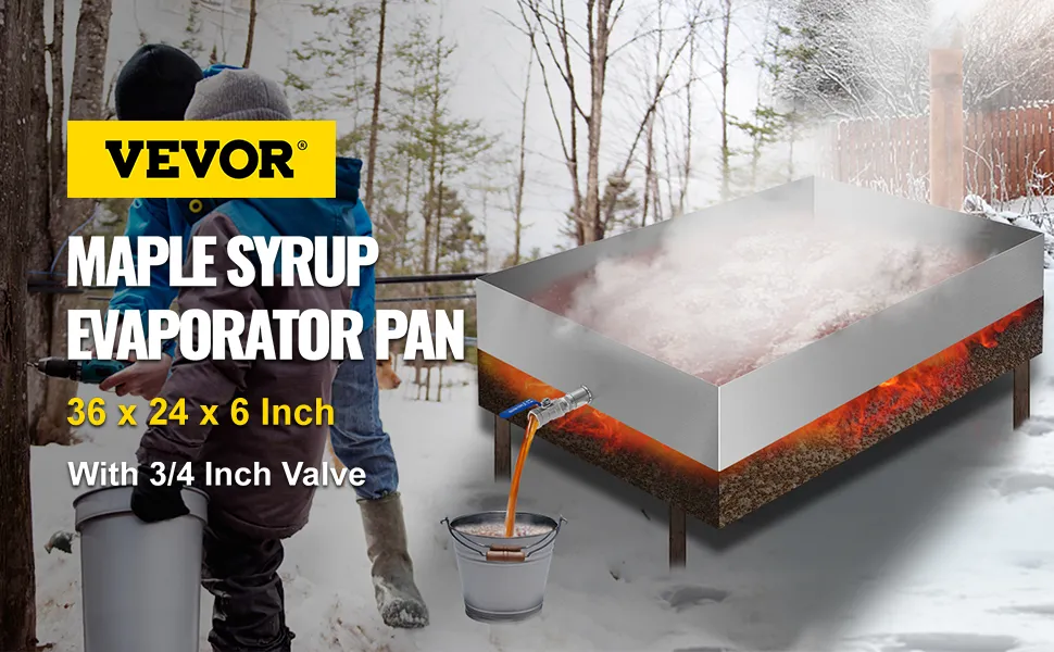 VEVOR maple syrup evaporator pan in operation during winter, 36 x 24 x 6 inch with valve.