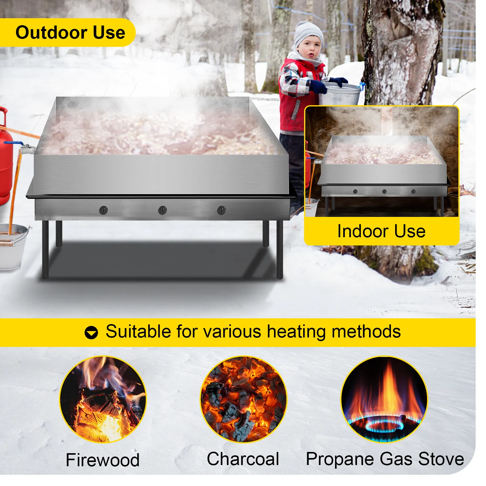 VEVOR maple syrup evaporator pan for indoor and outdoor use with various heating methods.