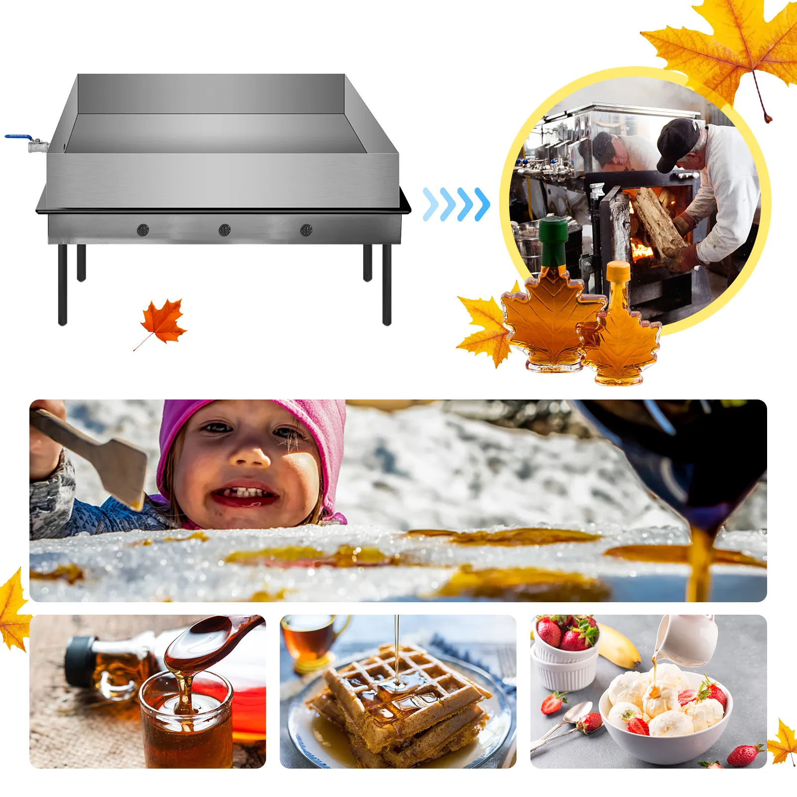 VEVOR maple syrup evaporator pan making syrup, ideal for tasty treats like waffles and ice cream.