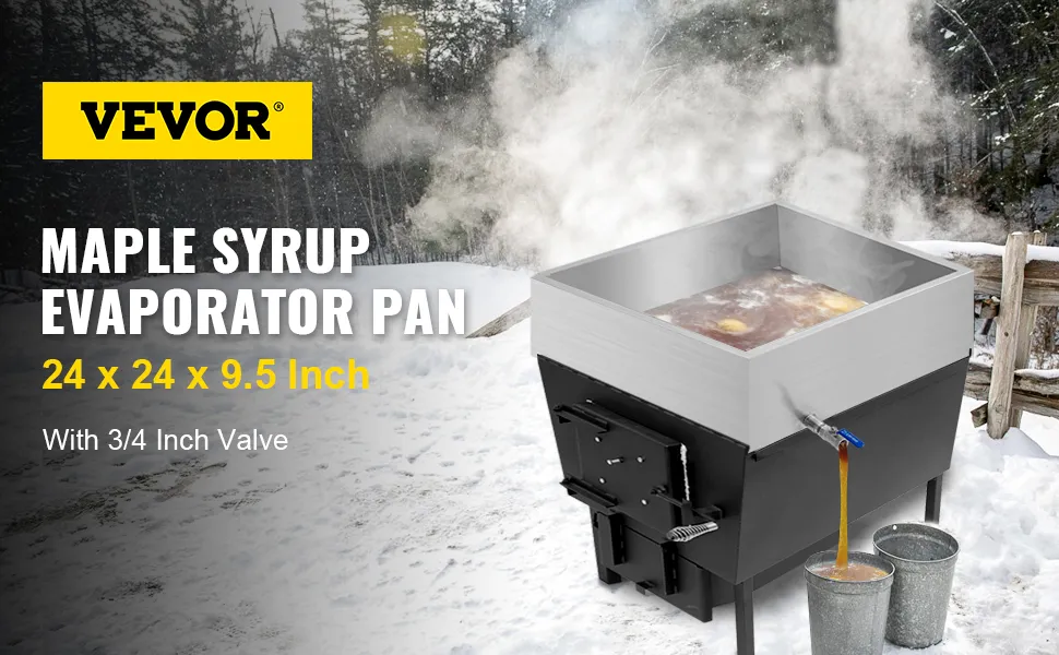 VEVOR maple syrup evaporator pan, 24 x 24 x 9.5 inch with 3/4 inch valve in snowy woods.