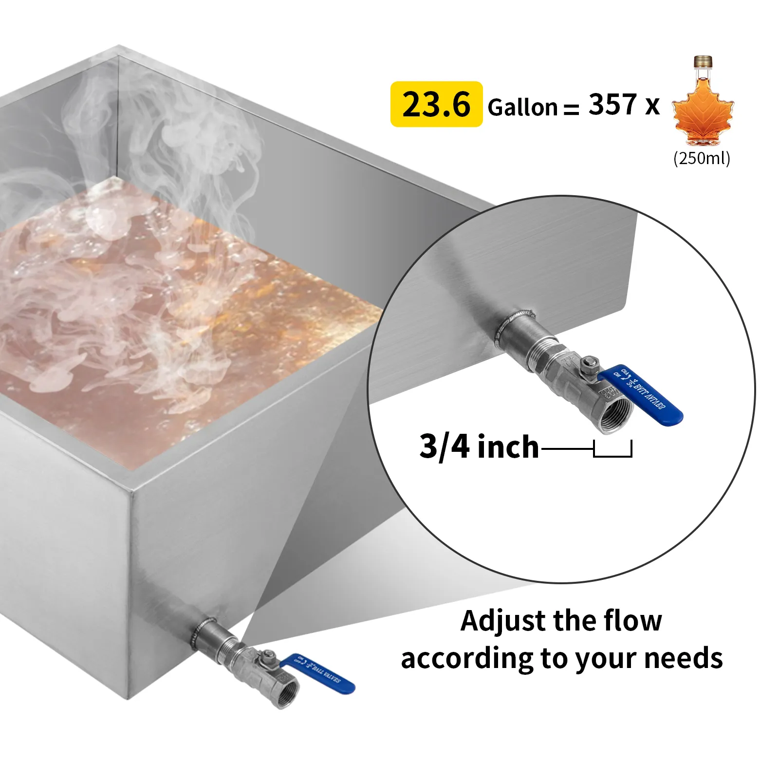 VEVOR maple syrup evaporator pan with 3/4 inch valve, holds 23.6 gallons.