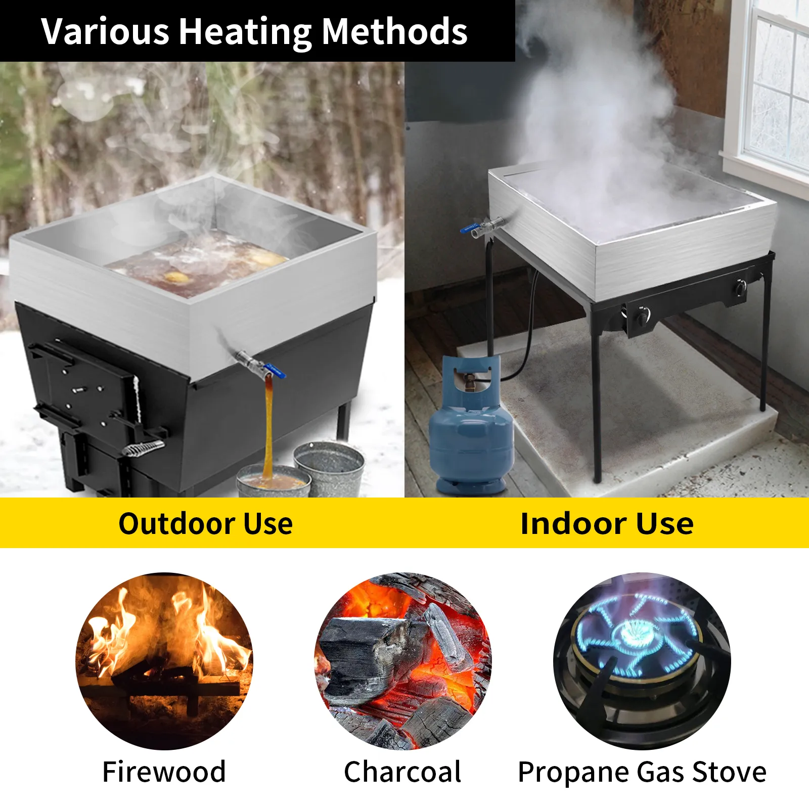 VEVOR maple syrup evaporator pan with outdoor and indoor heating methods.