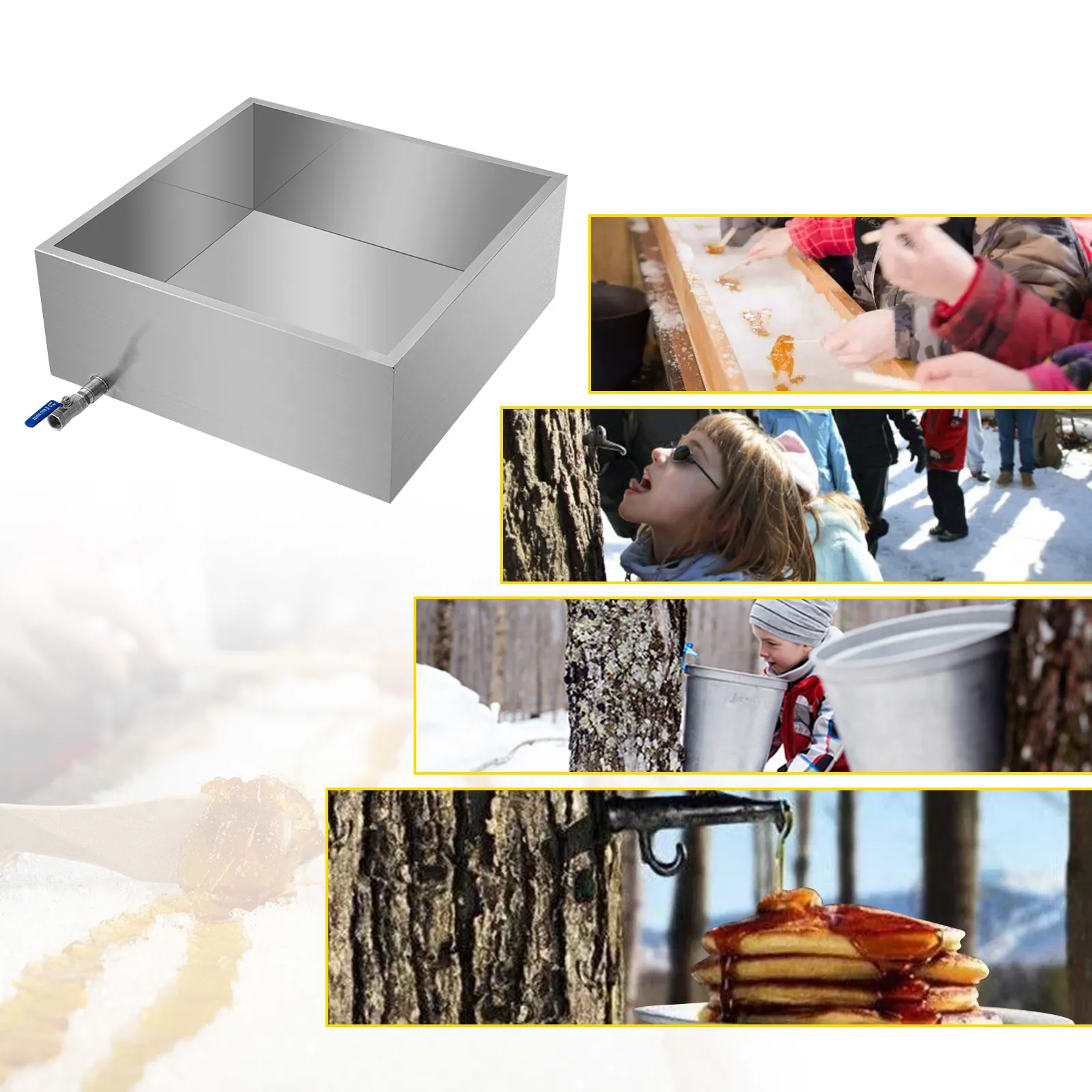 VEVOR maple syrup evaporator pan with tapping, collecting sap, and syrup production scenes.
