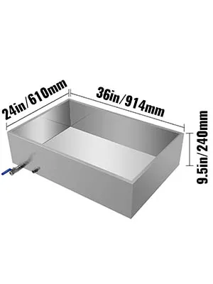 Dimensiones del evaporador de jarabe de arce VEVOR: 36 pulgadas x 24 pulgadas x 9,5 pulgadas, acero inoxidable.