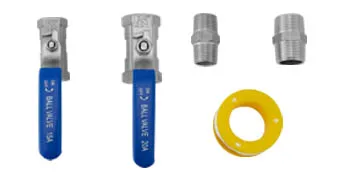 Piezas del evaporador de jarabe de arce VEVOR, incluidas válvulas de bola, accesorios y una junta amarilla.