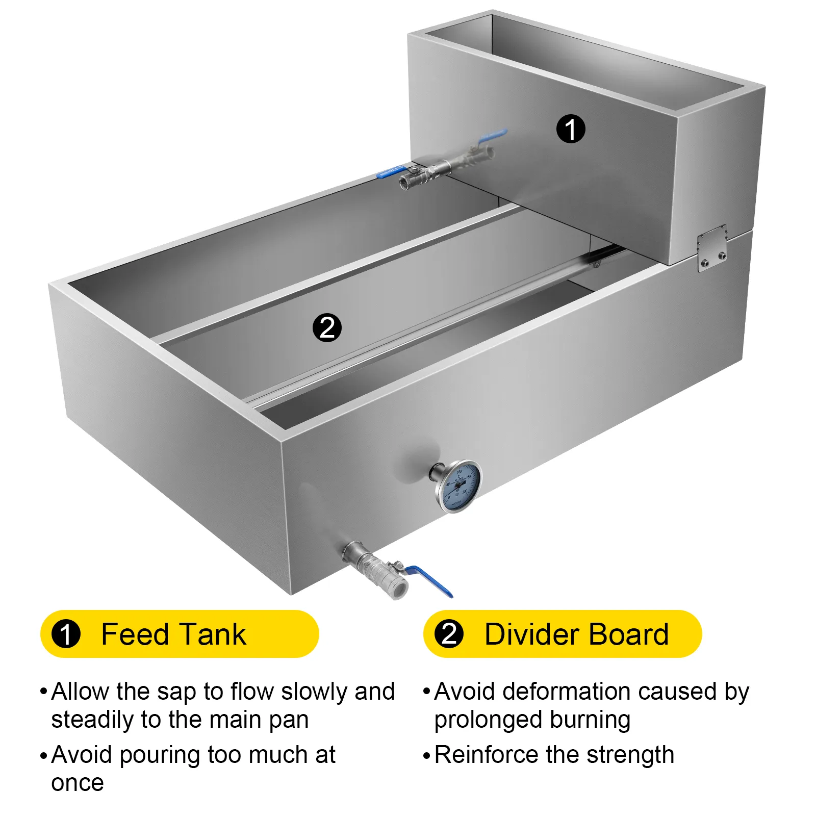 Bandeja evaporadora de jarabe de arce VEVOR con tanque de alimentación, tablero divisor y termómetro.