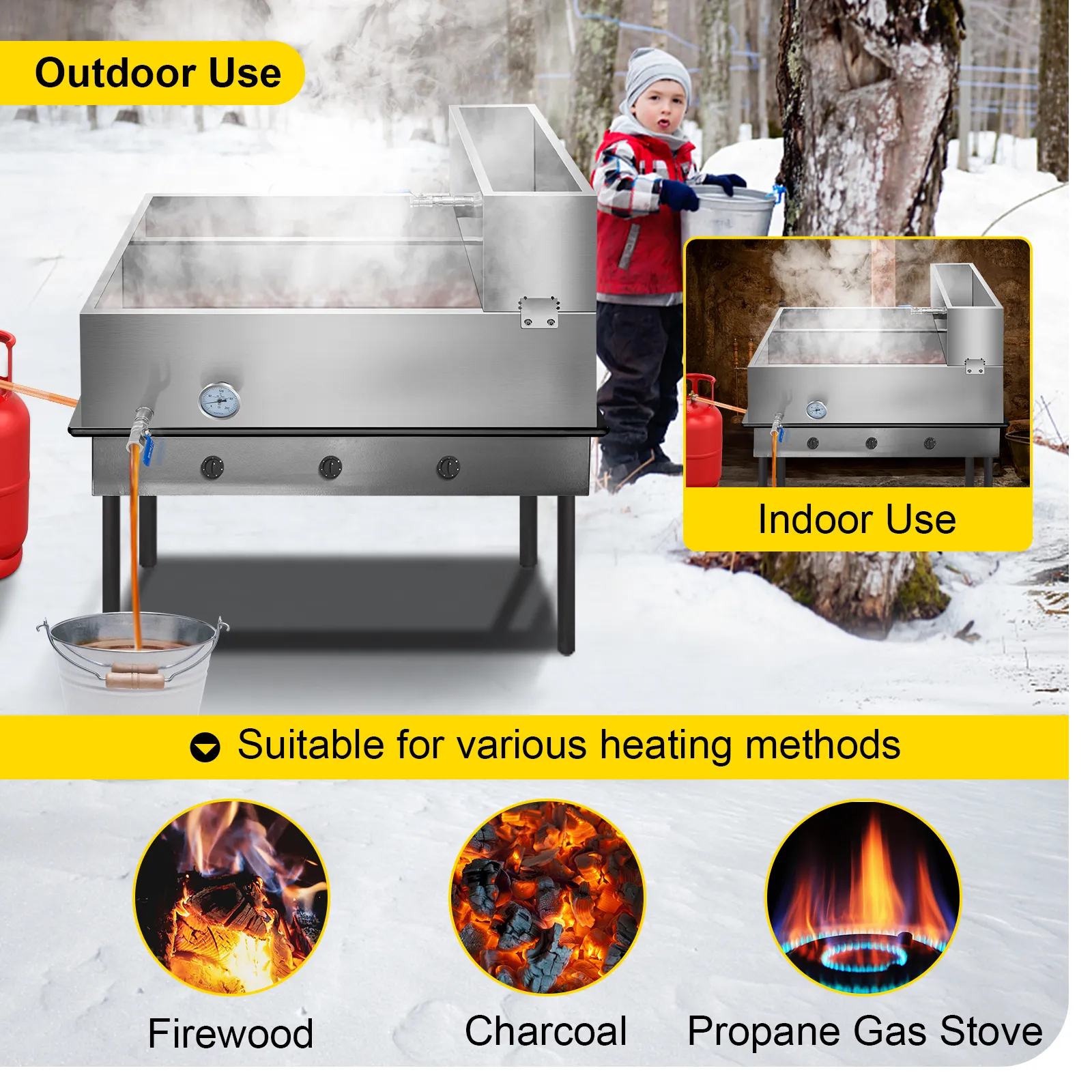 Bandeja evaporadora de jarabe de arce VEVOR para uso en exteriores e interiores, adecuada para leña, carbón y propano.