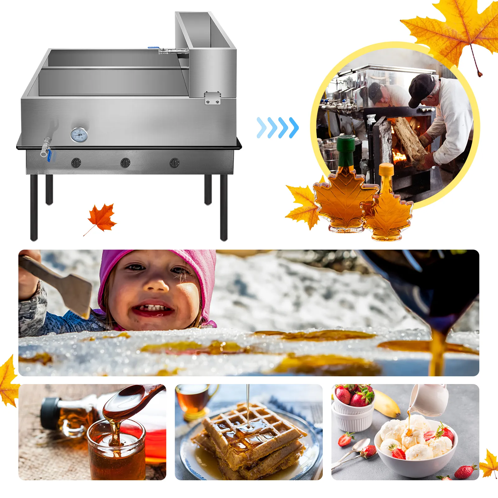 Bandeja evaporadora de jarabe de arce VEVOR junto con jarabe, waffles, helado y caramelo masticable.