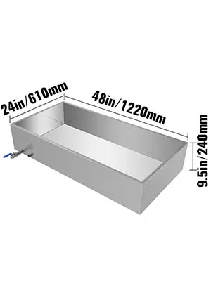 Bandeja evaporadora de jarabe de arce VEVOR, 48 x 24 x 9,5 pulgadas con un pico en el lateral.