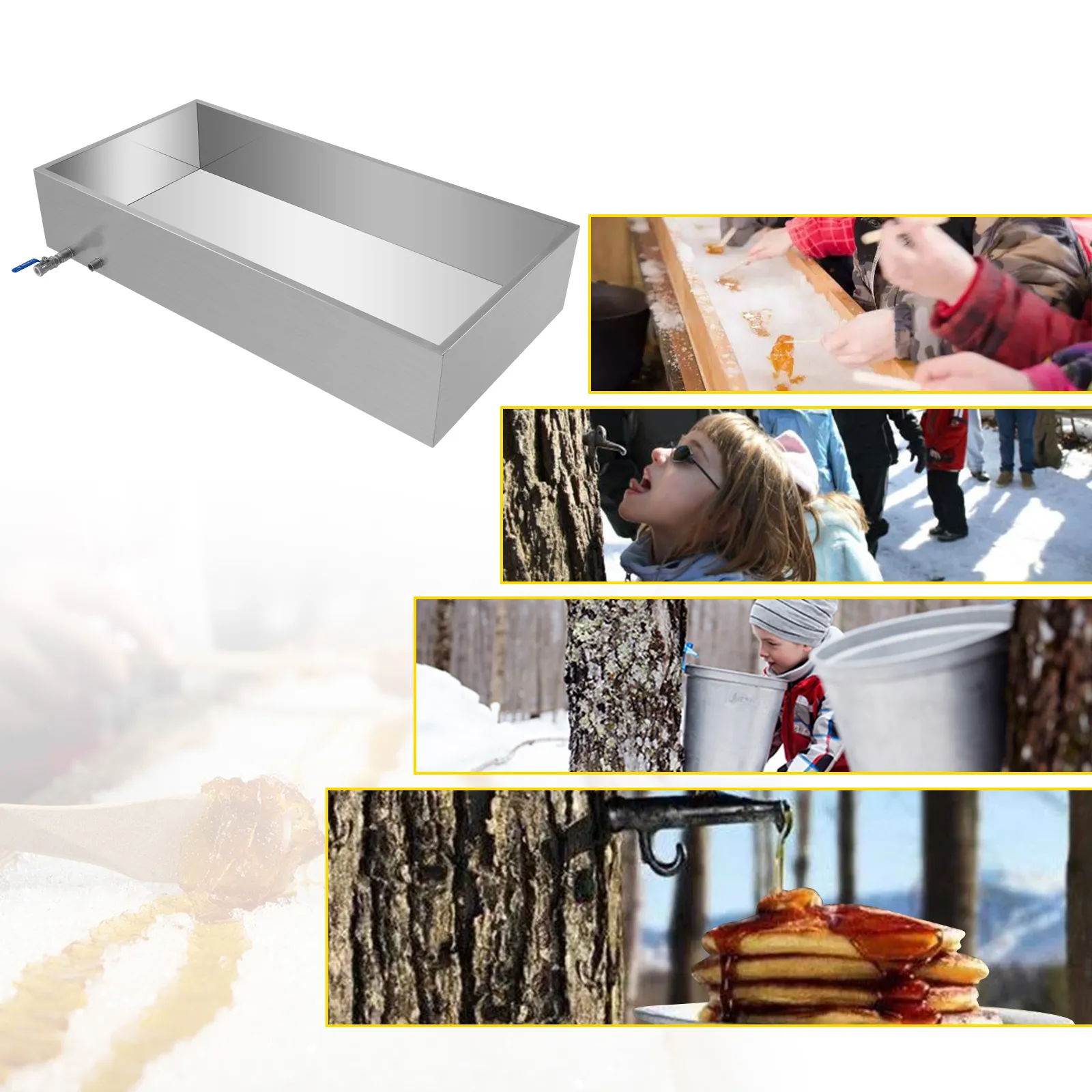 Bandeja evaporadora de jarabe de arce VEVOR junto a los pasos de preparación y recolección de jarabe de arce en invierno.
