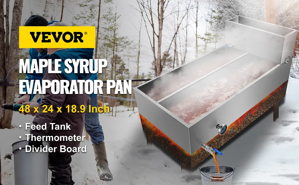 VEVOR maple syrup evaporator pan with feed tank, thermometer, and divider board.