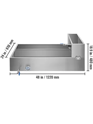 VEVOR maple syrup evaporator pan with detailed dimensions 48x24x18.9 inches.