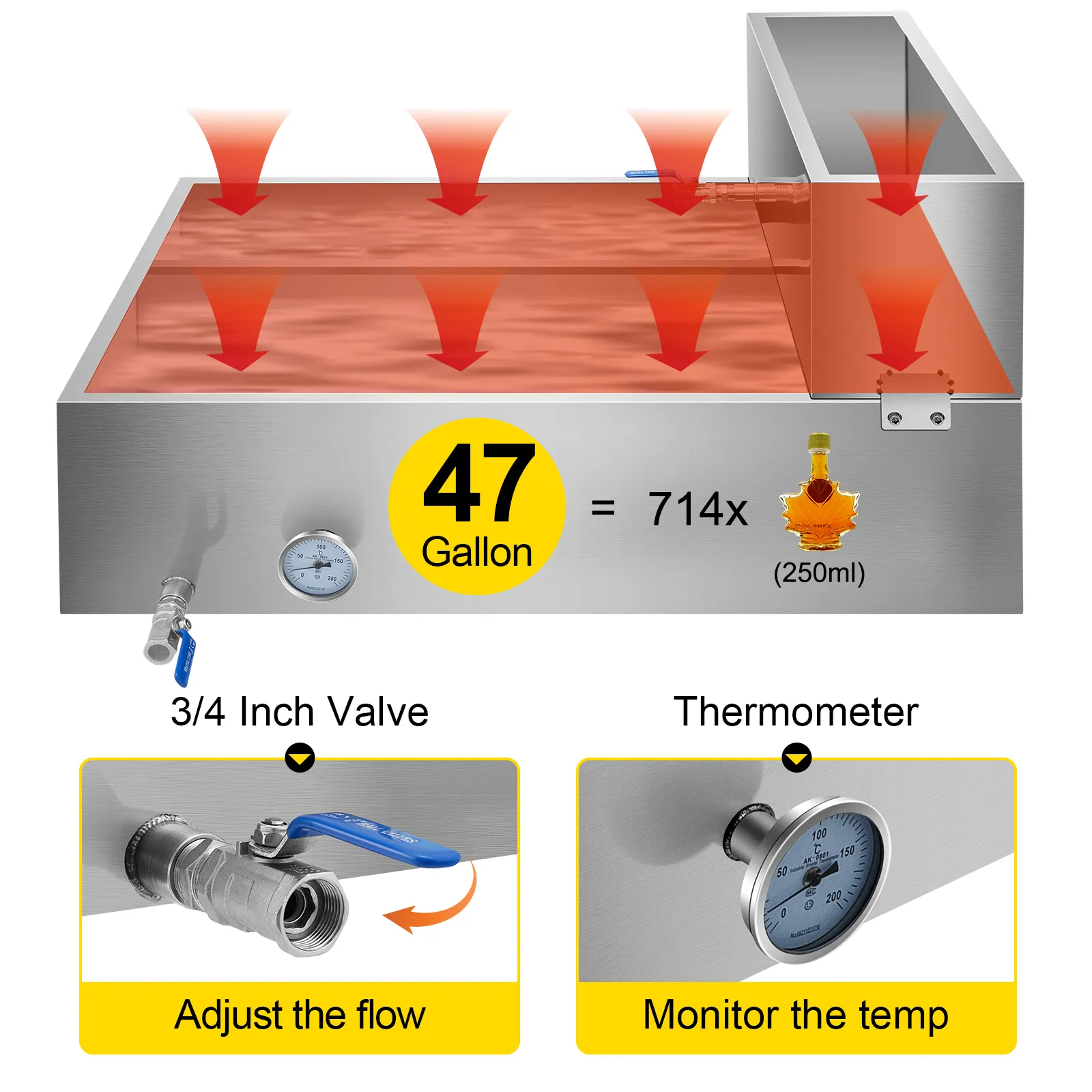 VEVOR maple syrup evaporator pan with 47-gallon capacity, valve, and thermometer.