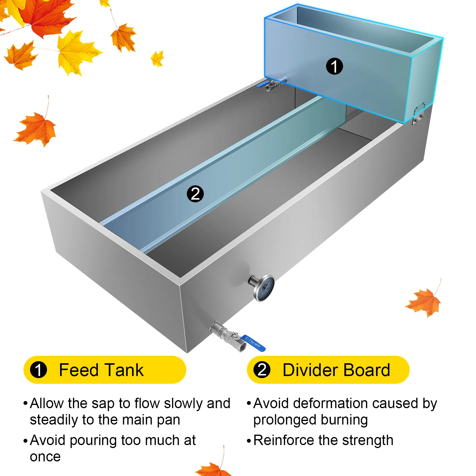 VEVOR maple syrup evaporator pan with feed tank and divider board against fall leaves.