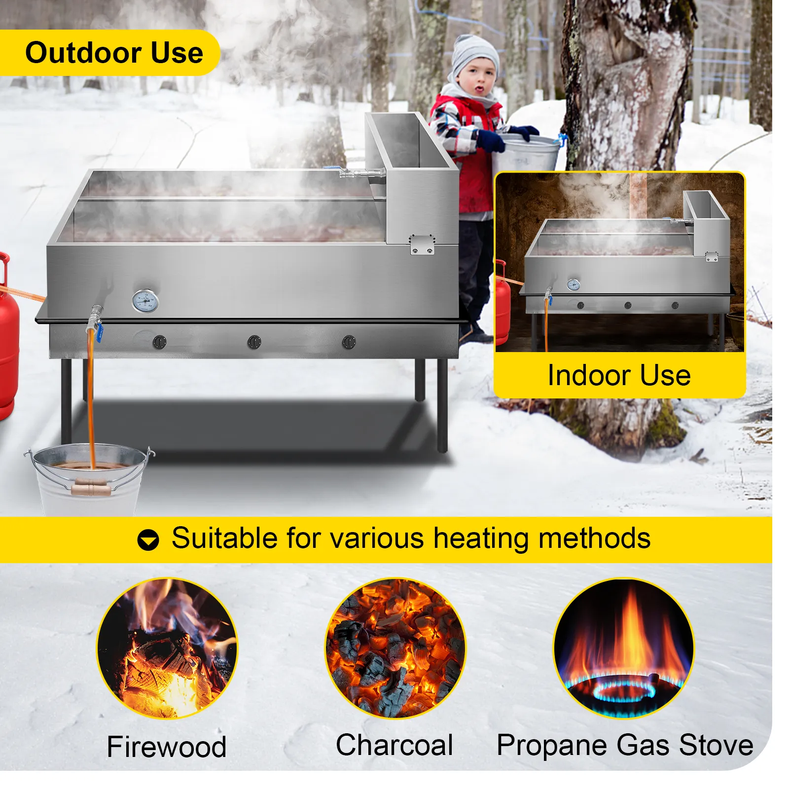 VEVOR maple syrup evaporator pan for outdoor and indoor use, suitable for various heating methods.
