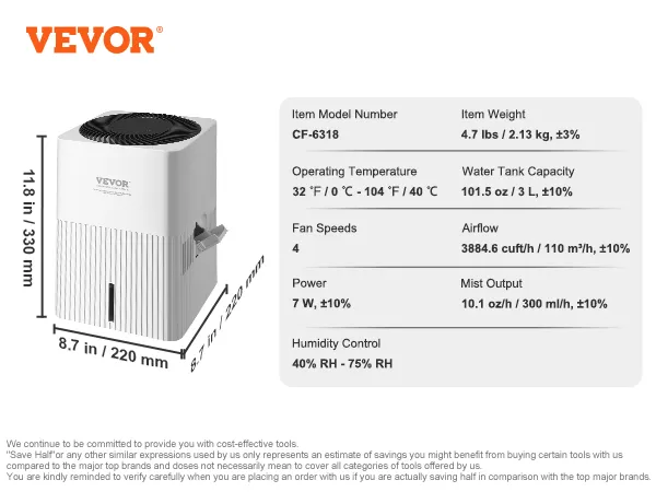 VEVOR evaporative humidifier, model cf-6318, 4 fan speeds, 101.5 oz tank, 7w power, dimensions: 11.8"x8.7".