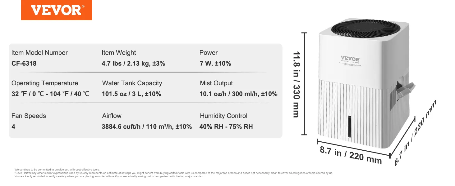 VEVOR evaporative humidifier, model cf-6318, 4 fan speeds, 101.5 oz tank, 7w power, dimensions: 11.8"x8.7".