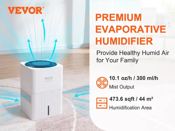 VEVOR evaporative humidifier with 10.1 oz/h mist output, 473.6 sqft area, no water fog, baby-friendly.