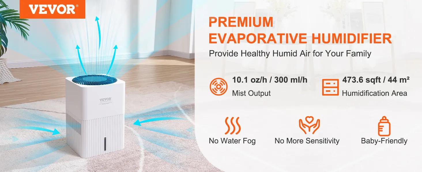 VEVOR evaporative humidifier with 10.1 oz/h mist output, 473.6 sqft area, no water fog, baby-friendly.