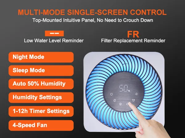 multi-mode VEVOR evaporative humidifier with touch control, night mode, and auto humidity settings.