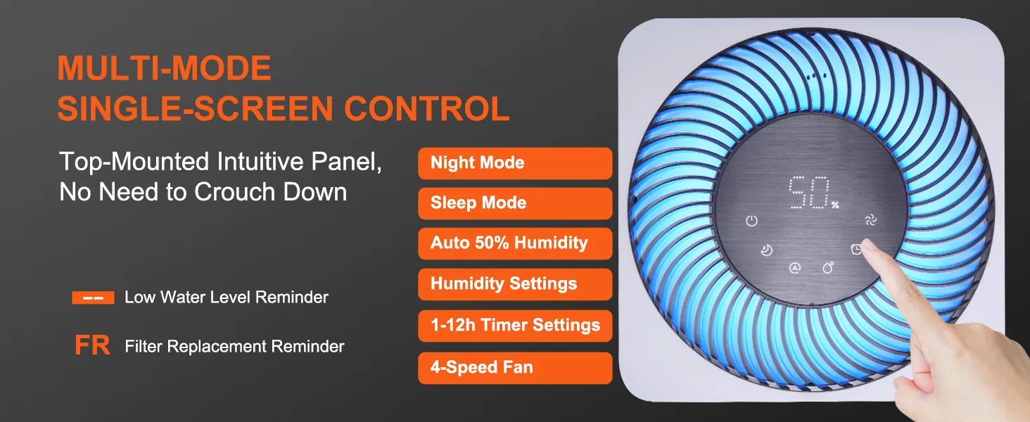 multi-mode VEVOR evaporative humidifier with touch control, night mode, and auto humidity settings.