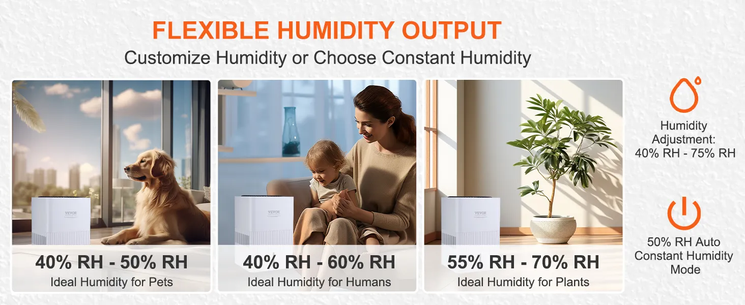 VEVOR evaporative humidifier with flexible humidity output for pets, humans, and plants, from 40% to 70% rh.