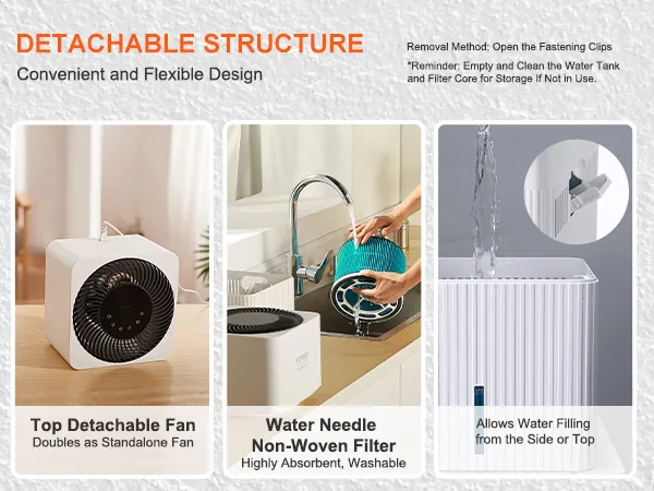 VEVOR evaporative humidifier with a detachable fan, washable filter, and multiple water filling options.