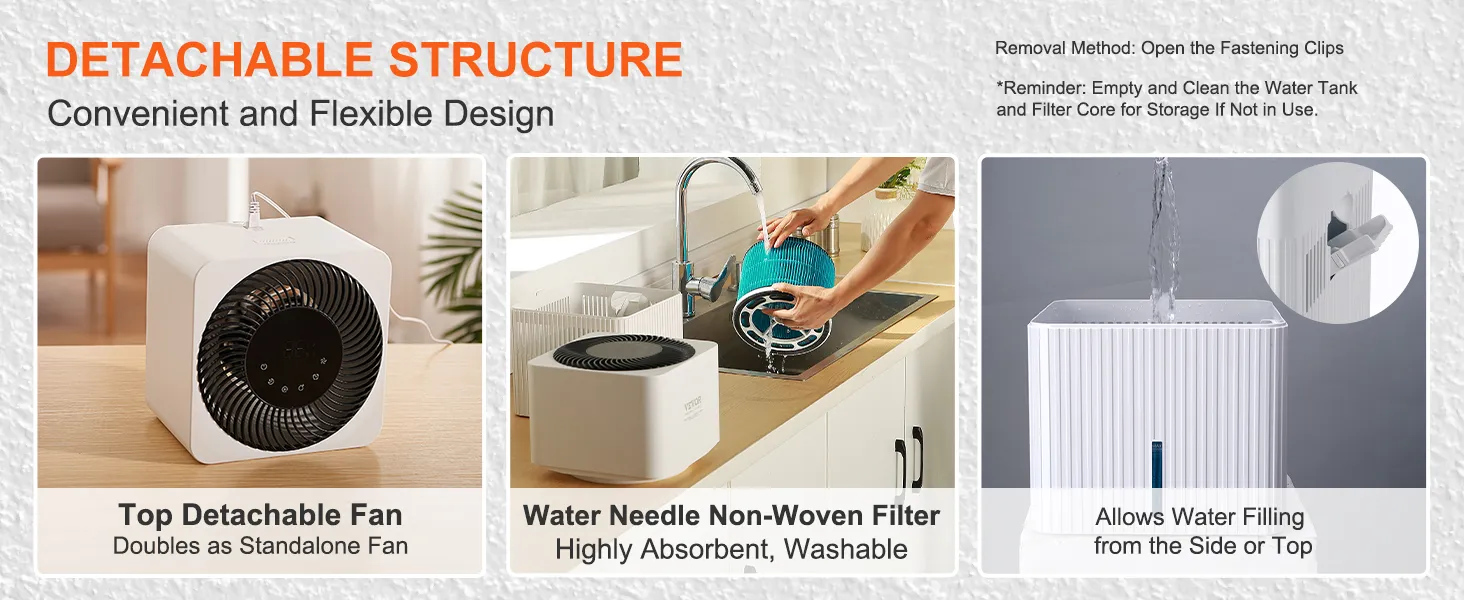 VEVOR evaporative humidifier with a detachable fan, washable filter, and multiple water filling options.
