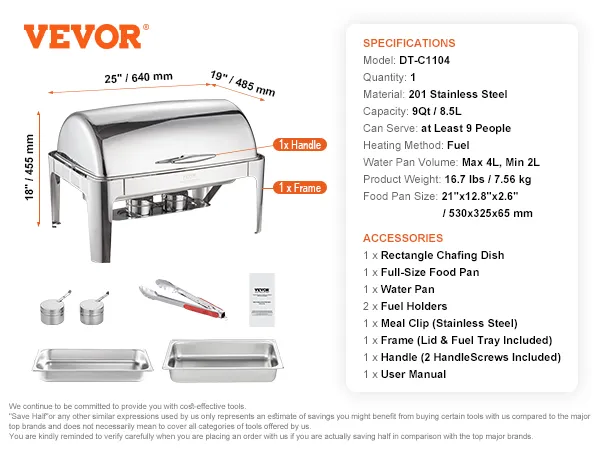 VEVOR roll top chafing dish, stainless steel, 25"x19"x18", includes food pans, fuel holders, and meal clip.