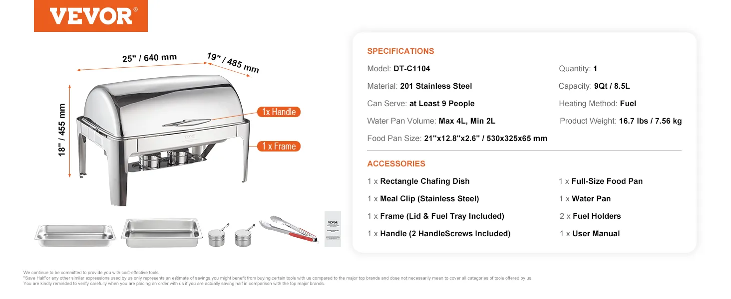 VEVOR roll top chafing dish, stainless steel, 25"x19"x18", includes food pans, fuel holders, and meal clip.